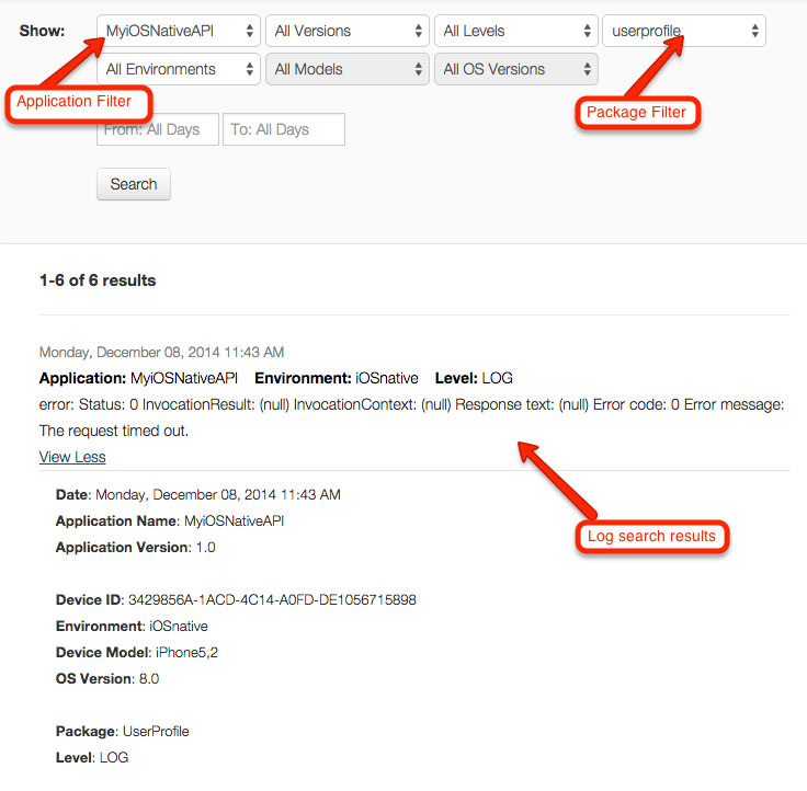 Log Search Results within the MobileFirst Analytics Dashboard